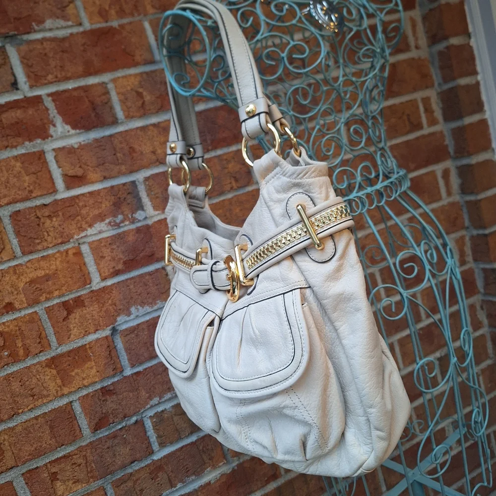 B. Makowski Soft Real Leather Women's Shoulder Bag Gold Studded Purse Y2K Beige - Picture 13 of 17
